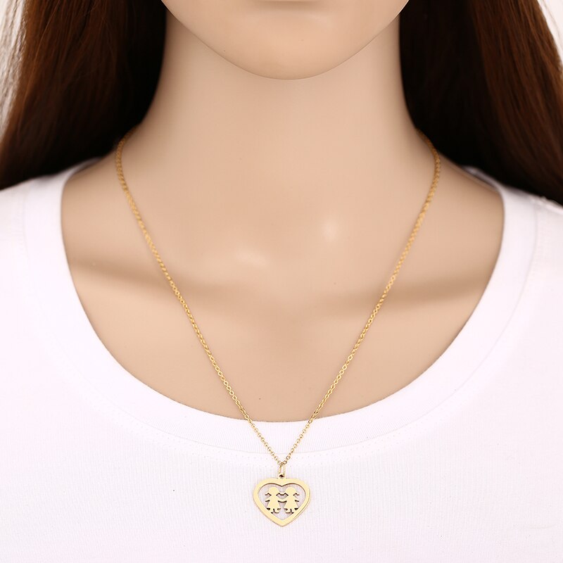 Fashion Figure Boy & Girl in Heart Pendant Necklace Stainless Steel Children Kids Necklace Gold Silver Color Chain Charm Choker Fashion Figure Boy & Girl in Heart Pendant Necklace Stainless Steel Children Kids Necklace Gold Silver Color Chain Charm Choker