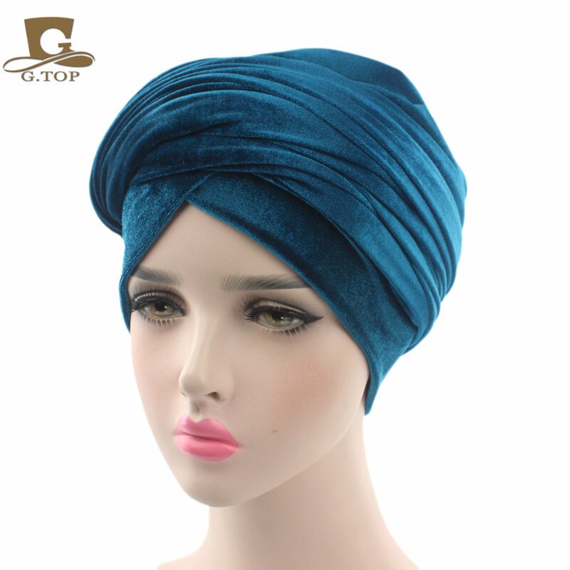 Velvet Turban Muslim Long Tail Cap Hat Woman Wrapped Head Scarf