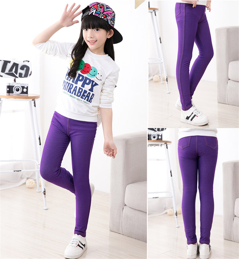 Spring Summer Girls Elastic Skinny Pants Solid Color Kids Stretch Trousers 3-12Yrs Children Lmitation Denim Fabric Jeans Pants