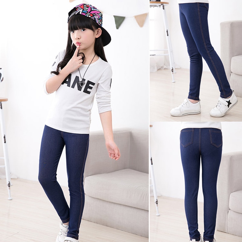 Spring Summer Girls Elastic Skinny Pants Solid Color Kids Stretch Trousers 3-12Yrs Children Lmitation Denim Fabric Jeans Pants Spring Summer Girls Elastic Skinny Pants Solid Color Kids Stretch Trousers 3-12Yrs Children Lmitation Denim Fabric Jeans Pants