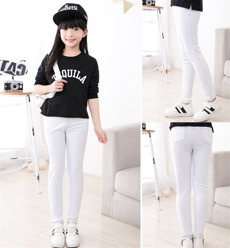 Spring Summer Girls Elastic Skinny Pants Solid Color Kids Stretch Trousers 3-12Yrs Children Lmitation Denim Fabric Jeans Pants