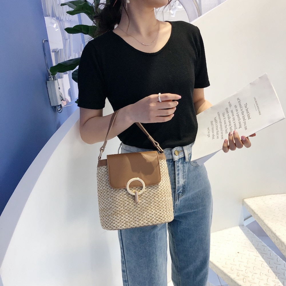 Casual Straw Bucket Bag for Women