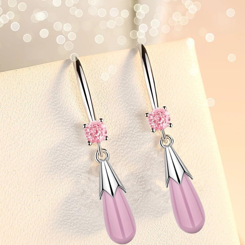 Cute White Pink Round Small Zircon Drop Earrings For Women Wedding Jewelry Vintage Fashion Opal Stone Dangle Earrings Girl Gifts