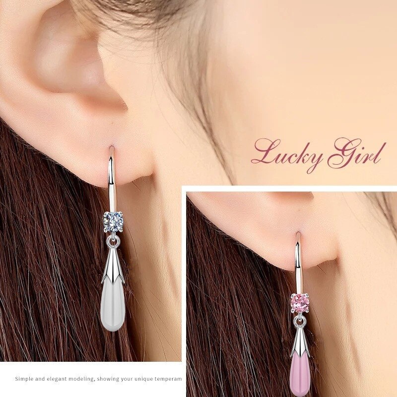 Cute White Pink Round Small Zircon Drop Earrings For Women Wedding Jewelry Vintage Fashion Opal Stone Dangle Earrings Girl Gifts