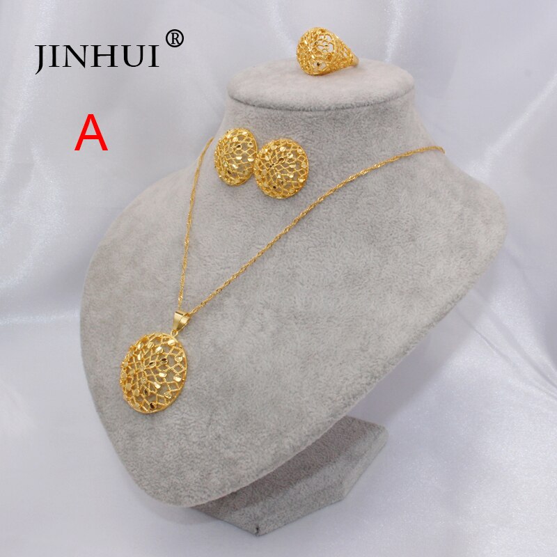 Ethiopia 24K gold color Dubai jewelry sets women African Party wedding gifts Necklace and Earrings ring sets 45cm Pendant gifts