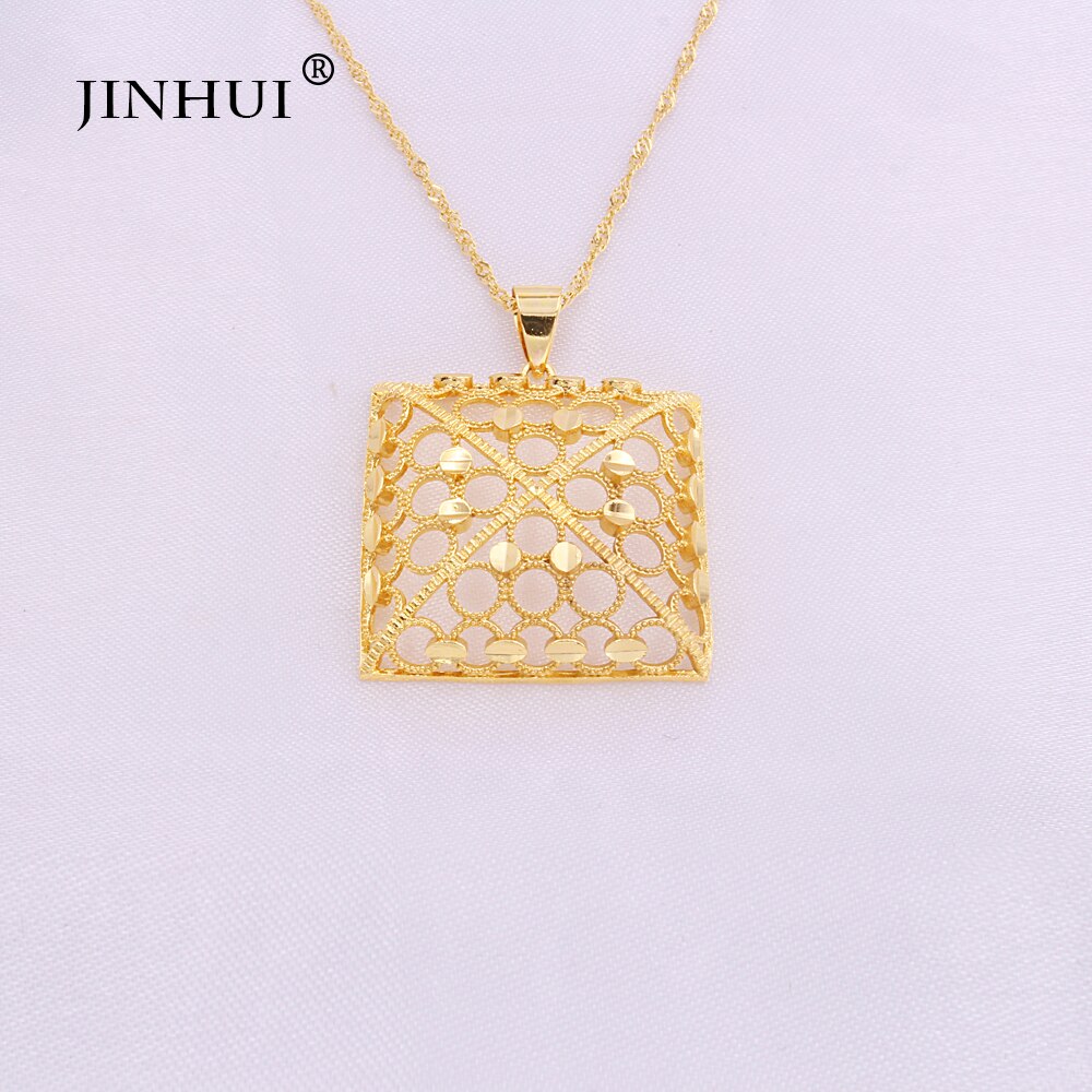 Ethiopia 24K gold color Dubai jewelry sets women African Party wedding gifts Necklace and Earrings ring sets 45cm Pendant gifts
