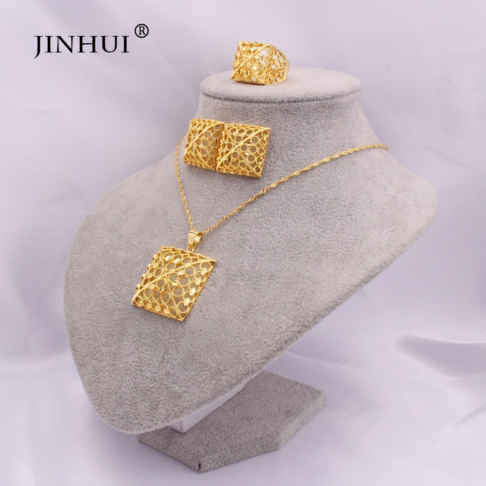 Ethiopia 24K gold color Dubai jewelry sets women African Party wedding gifts Necklace and Earrings ring sets 45cm Pendant gifts