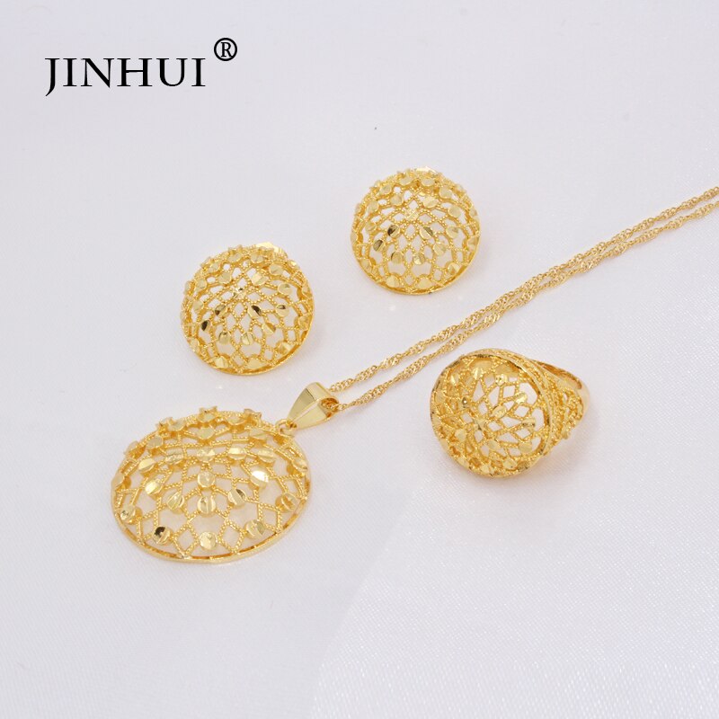 Ethiopia 24K gold color Dubai jewelry sets women African Party wedding gifts Necklace and Earrings ring sets 45cm Pendant gifts