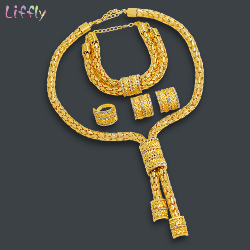 Liffly Bridal African Jewelry Sets Fashion Gold Necklace Earrings Ring Zircon Bridesmaid Dubai Gold Jewelry Sets for Women Liffly Bridal African Jewelry Sets Fashion Gold Necklace Earrings Ring Zircon Bridesmaid Dubai Gold Jewelry Sets for Women