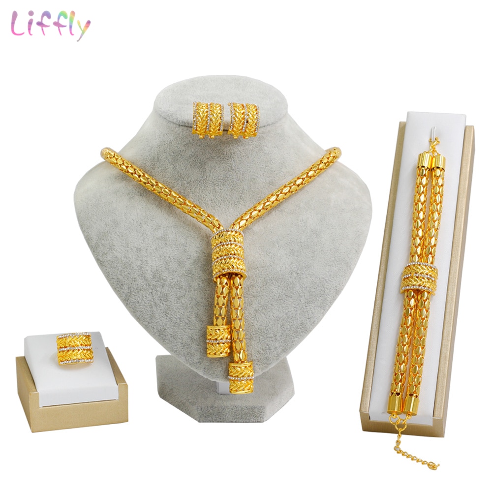 Liffly Bridal African Jewelry Sets Fashion Gold Necklace Earrings Ring Zircon Bridesmaid Dubai Gold Jewelry Sets for Women Liffly Bridal African Jewelry Sets Fashion Gold Necklace Earrings Ring Zircon Bridesmaid Dubai Gold Jewelry Sets for Women