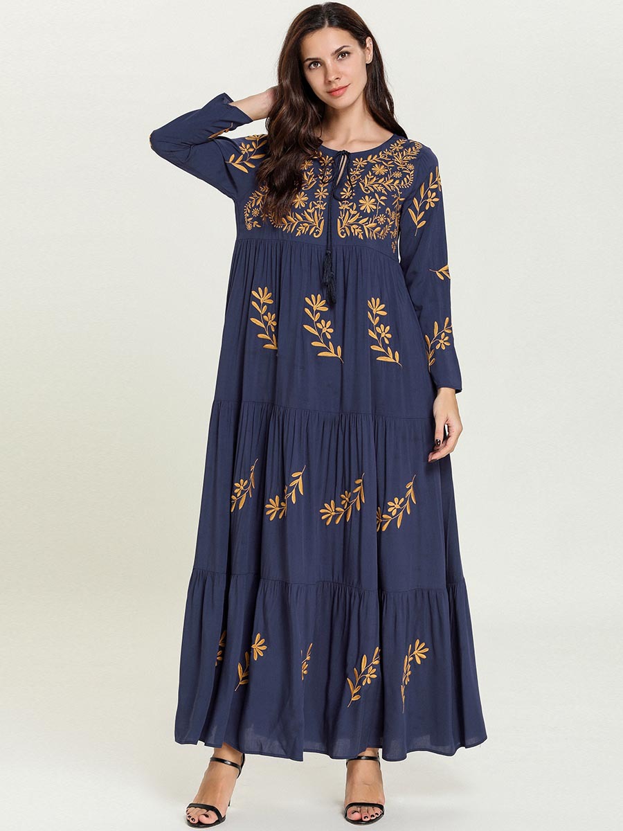 Women Maxi Dresses Abayas for Women Muslim Dress Embroidery Long Dress Female Arabian Islamic Muslim Robes Kaftan Dubai Clothing