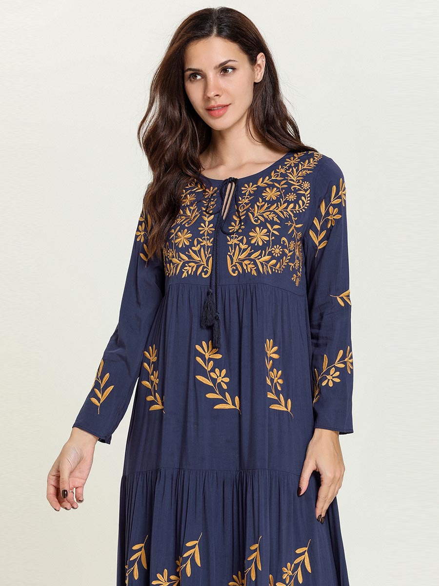 Women Maxi Dresses Abayas for Women Muslim Dress Embroidery Long Dress Female Arabian Islamic Muslim Robes Kaftan Dubai Clothing