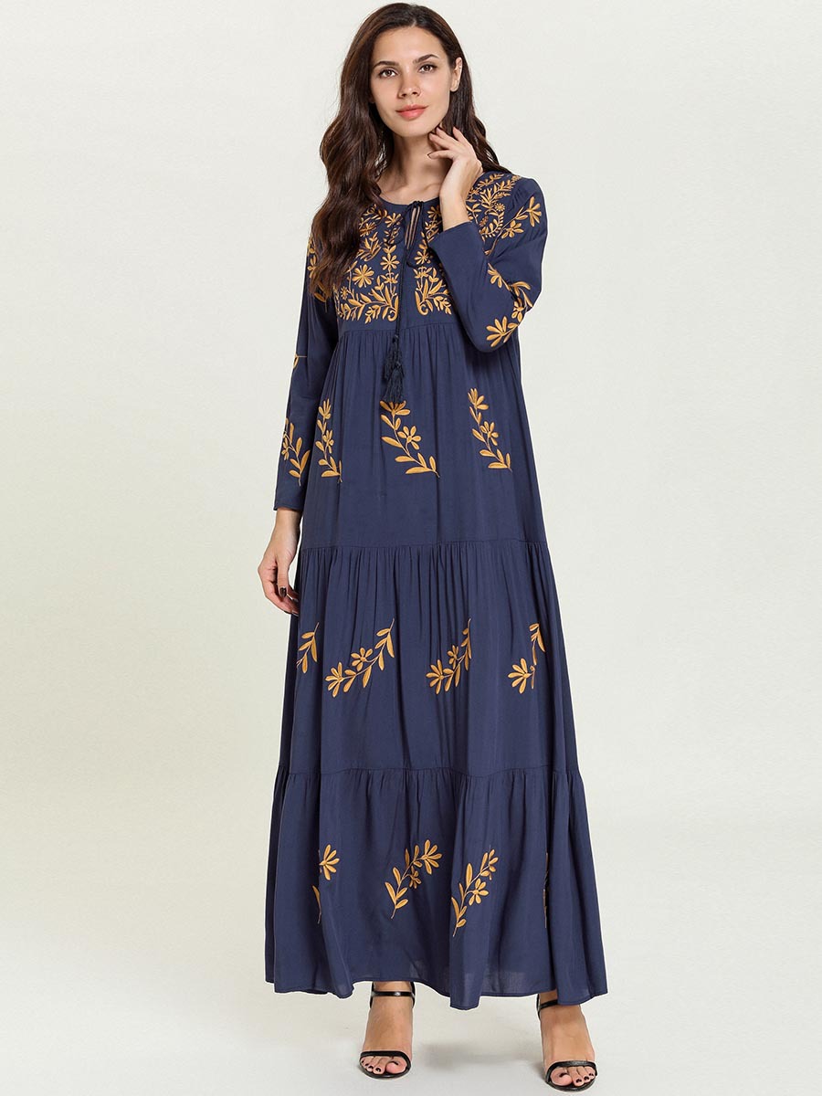 Women Maxi Dresses Abayas for Women Muslim Dress Embroidery Long Dress Female Arabian Islamic Muslim Robes Kaftan Dubai Clothing