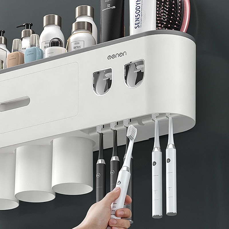 Magnetic Adsorption Inverted Toothbrush Holder Double Automatic Toothpaste Squeezer Dispenser Storage Rack Bathroom Accessories Magnetic Adsorption Inverted Toothbrush Holder Double Automatic Toothpaste Squeezer Dispenser Storage Rack Bathroom Accessories