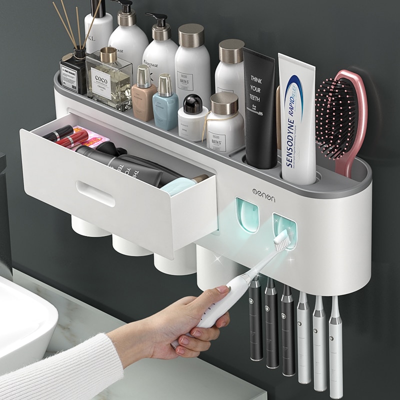 Magnetic Adsorption Inverted Toothbrush Holder Double Automatic Toothpaste Squeezer Dispenser Storage Rack Bathroom Accessories Magnetic Adsorption Inverted Toothbrush Holder Double Automatic Toothpaste Squeezer Dispenser Storage Rack Bathroom Accessories