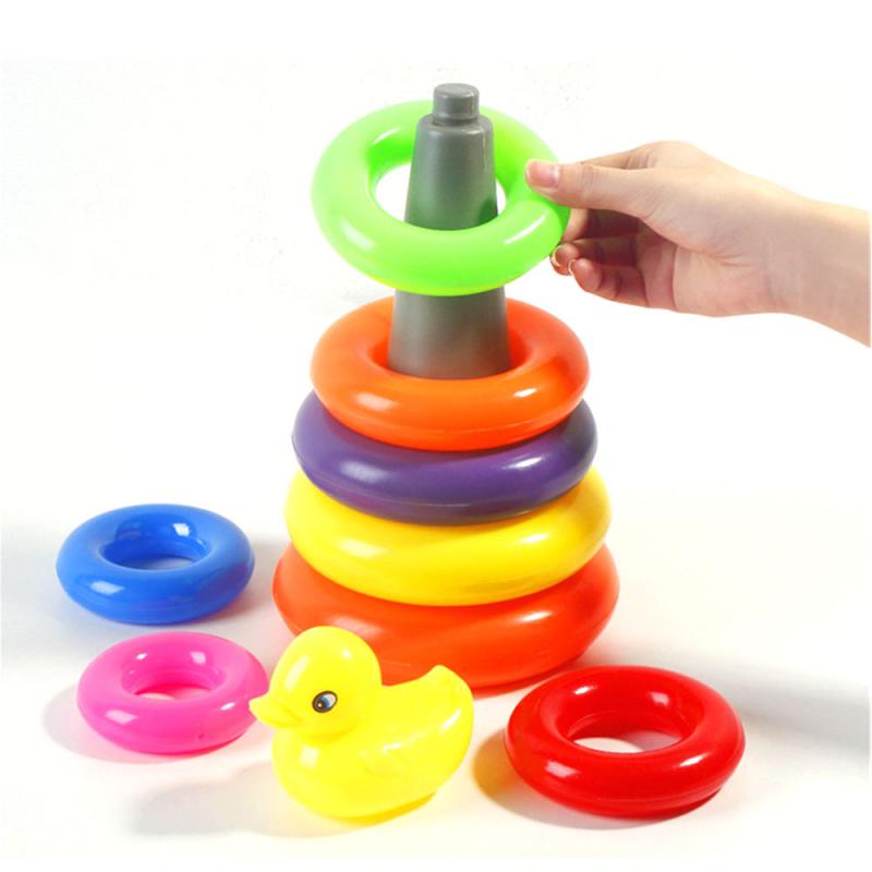 Rainbow Stacking Rings Tower Duck Toy Kids Toddler Bath Tub Play Toy Gift Early Development Play Toys Baby Brinquedos