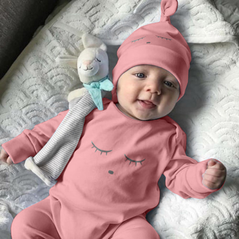 2021 Brand New Newborn Infant Baby Girls Boys Autumn Jumpsuits Sleeping Eyes Print Long Sleeve Blue Cotton Romper +Hats 2Pcs Set