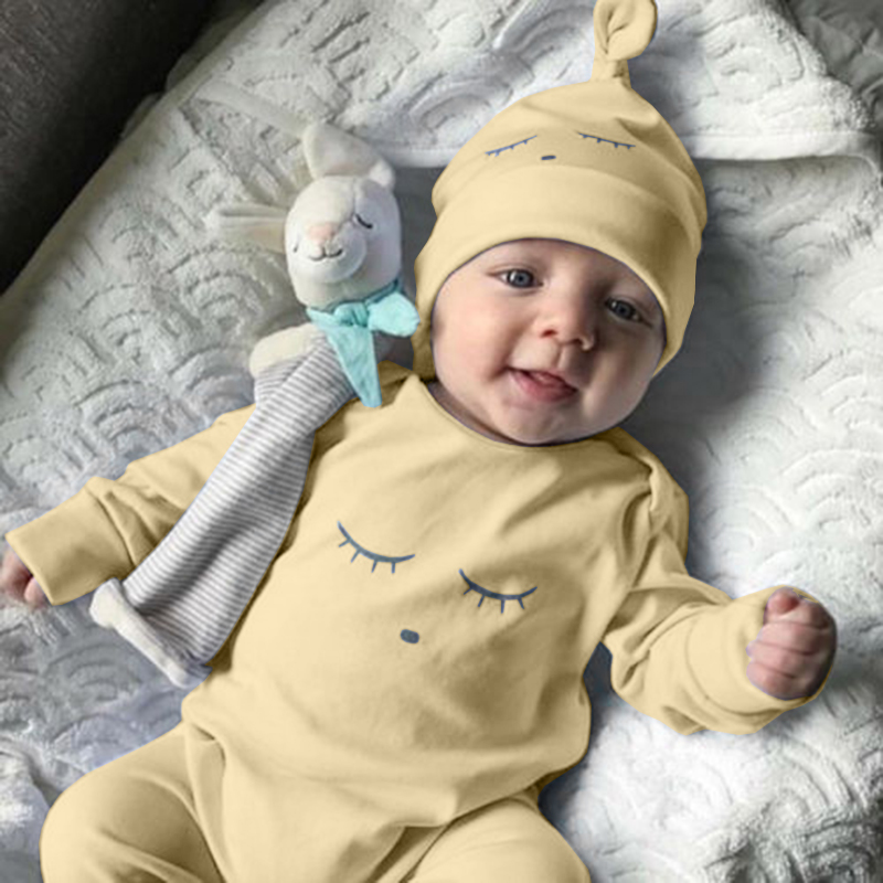 2021 Brand New Newborn Infant Baby Girls Boys Autumn Jumpsuits Sleeping Eyes Print Long Sleeve Blue Cotton Romper +Hats 2Pcs Set