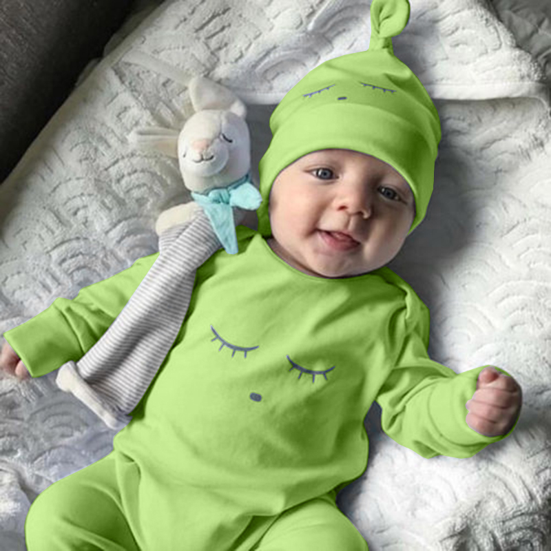 2021 Brand New Newborn Infant Baby Girls Boys Autumn Jumpsuits Sleeping Eyes Print Long Sleeve Blue Cotton Romper +Hats 2Pcs Set