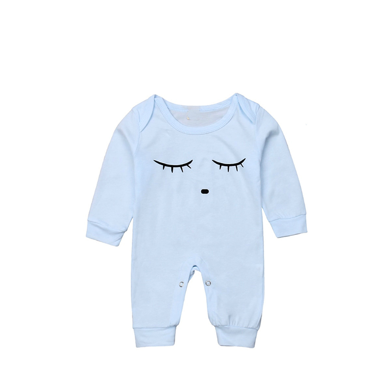 2021 Brand New Newborn Infant Baby Girls Boys Autumn Jumpsuits Sleeping Eyes Print Long Sleeve Blue Cotton Romper +Hats 2Pcs Set