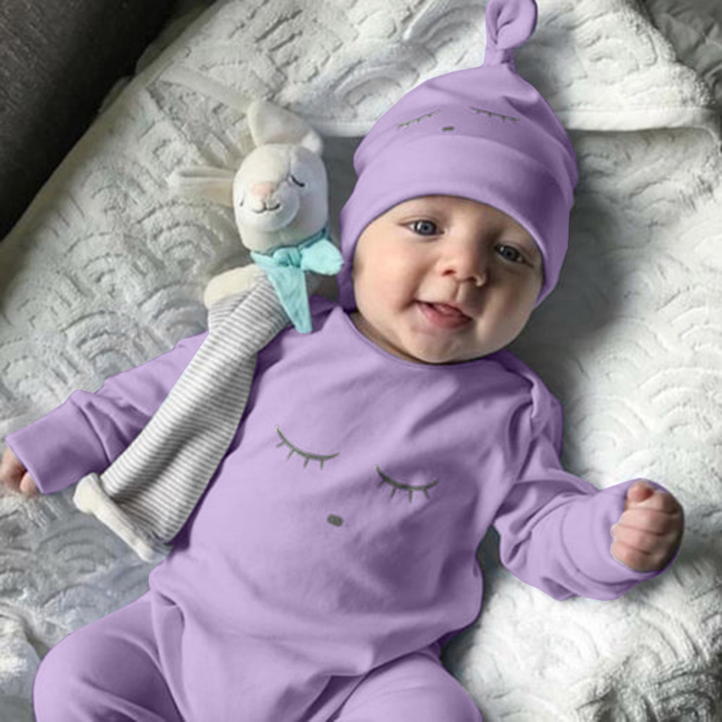 2021 Brand New Newborn Infant Baby Girls Boys Autumn Jumpsuits Sleeping Eyes Print Long Sleeve Blue Cotton Romper +Hats 2Pcs Set