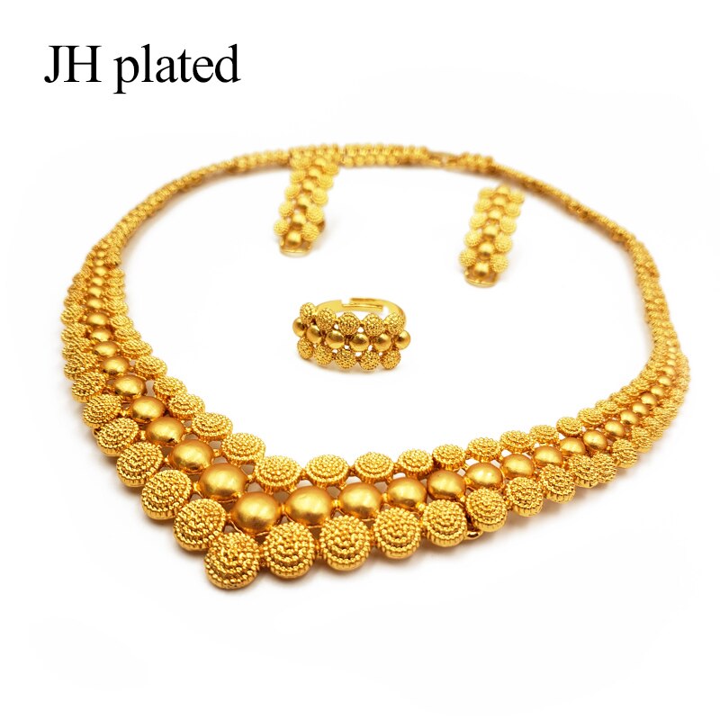 Nigeria Dubai Gold color jewelry sets African bridal wedding gifts party for women Bracelet Necklace earrings ring set collares