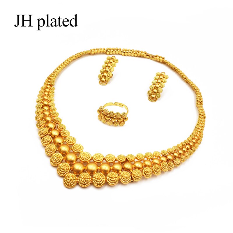 Nigeria Dubai Gold color jewelry sets African bridal wedding gifts party for women Bracelet Necklace earrings ring set collares