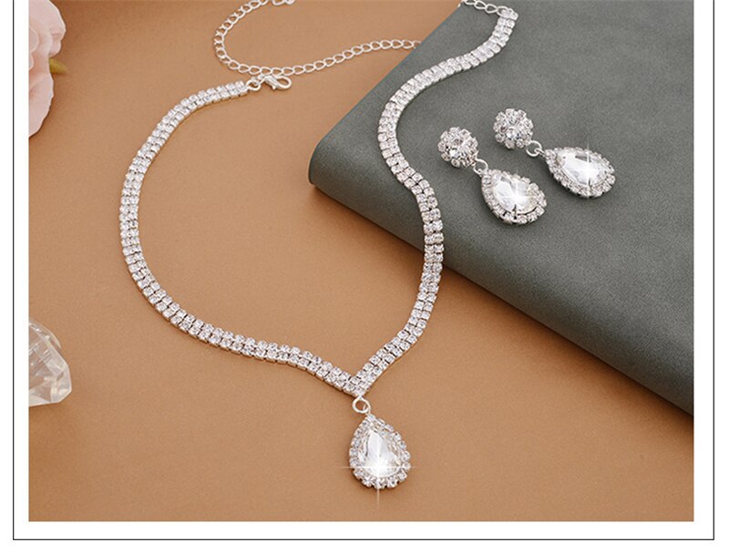 Water Drop Rhinestone Long Pendant Full Crystal Silver Plated Jewellery Set