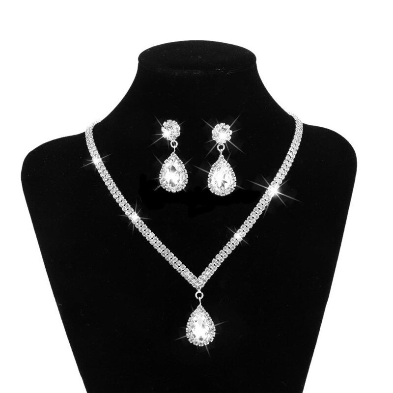 Water Drop Rhinestone Long Pendant Full Crystal Silver Plated Jewellery Set