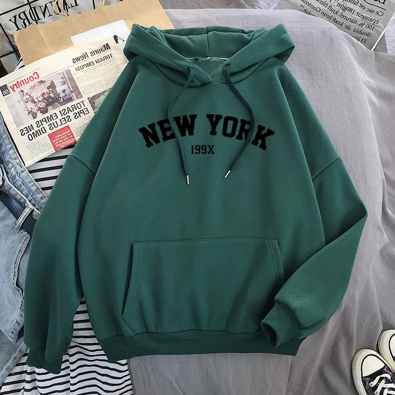 Women's NEW YORK printing velvet Winter Hooded Cotton Thicken Sweatshirts