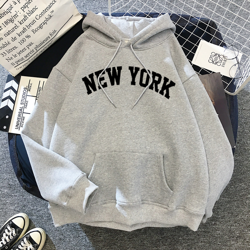Women's NEW YORK printing velvet Winter Hooded Cotton Thicken Sweatshirts