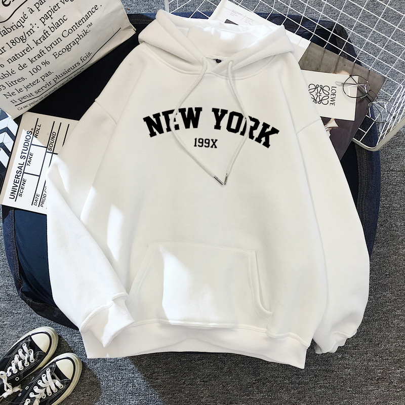 Women's NEW YORK printing velvet Winter Hooded Cotton Thicken Sweatshirts