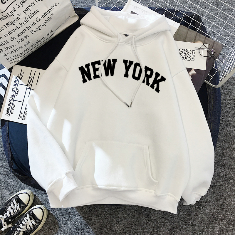Women's NEW YORK printing velvet Winter Hooded Cotton Thicken Sweatshirts