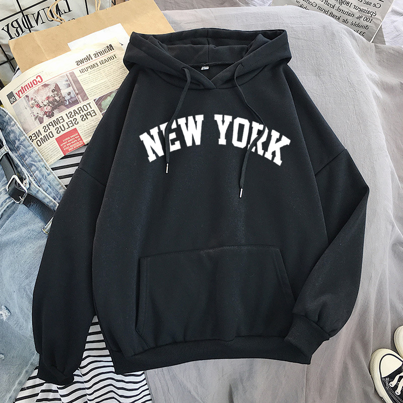 Women's NEW YORK printing velvet Winter Hooded Cotton Thicken Sweatshirts