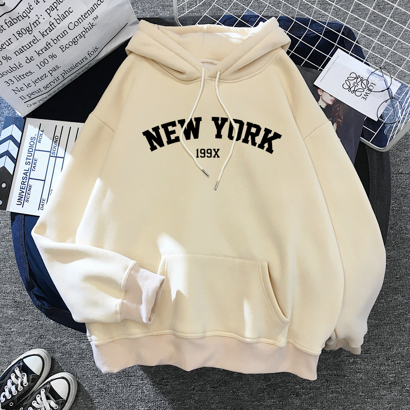 Women's NEW YORK printing velvet Winter Hooded Cotton Thicken Sweatshirts