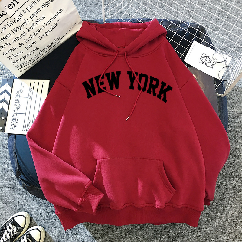Women's NEW YORK printing velvet Winter Hooded Cotton Thicken Sweatshirts