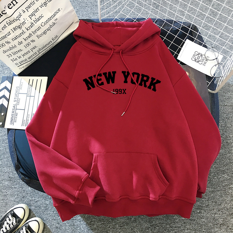 Women's NEW YORK printing velvet Winter Hooded Cotton Thicken Sweatshirts