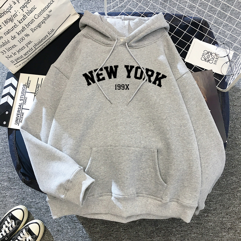 Women's NEW YORK printing velvet Winter Hooded Cotton Thicken Sweatshirts