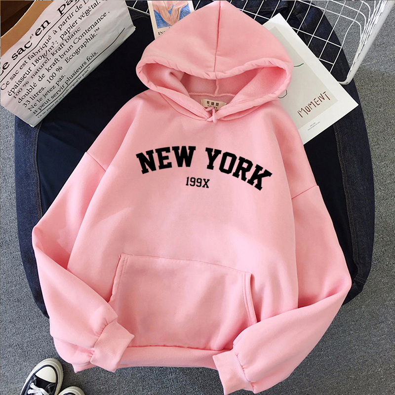 Women's NEW YORK printing velvet Winter Hooded Cotton Thicken Sweatshirts