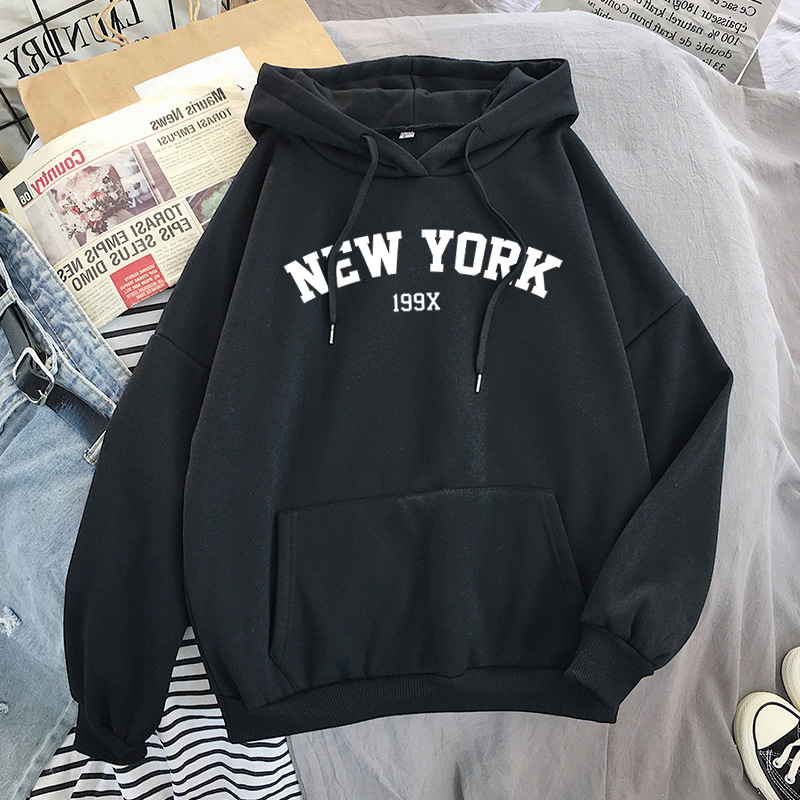 Women's NEW YORK printing velvet Winter Hooded Cotton Thicken Sweatshirts