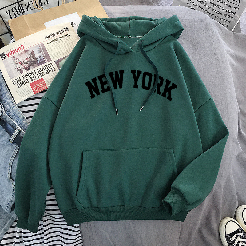 Women's NEW YORK printing velvet Winter Hooded Cotton Thicken Sweatshirts
