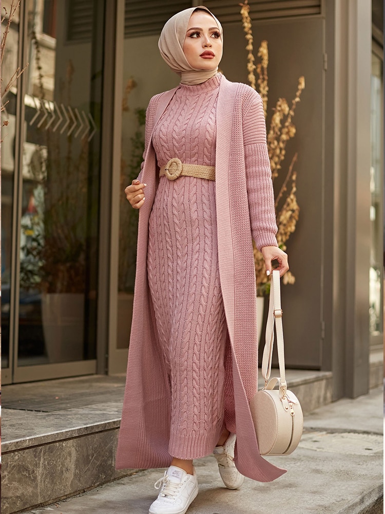 Women Dress New Season Winter 2 Piece Hijab Knitwear Suit Islamic Muslim Clothing Long Cardigan Model Made in Turkey Women Dress New Season Winter 2 Piece Hijab Knitwear Suit Islamic Muslim Clothing Long Cardigan Model Made in Turkey