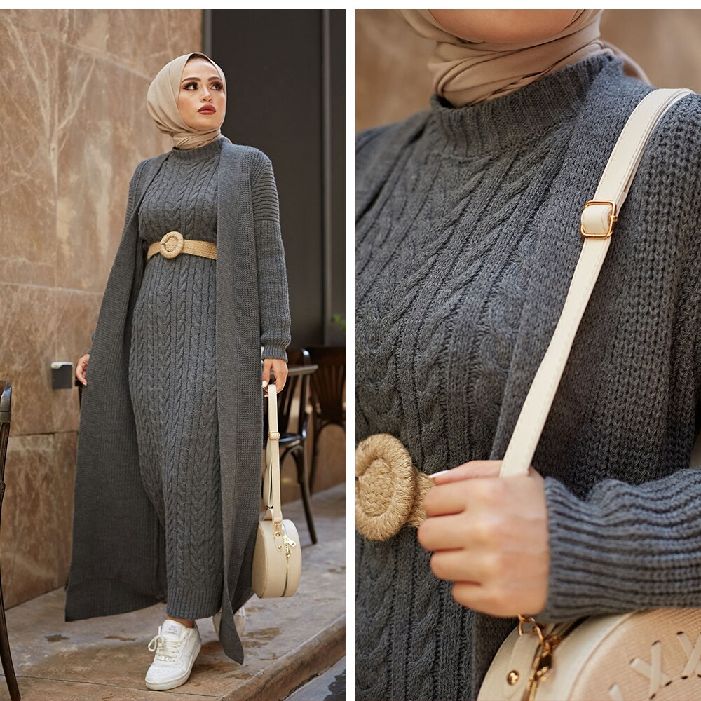 Women Dress New Season Winter 2 Piece Hijab Knitwear Suit Islamic Muslim Clothing Long Cardigan Model Made in Turkey Women Dress New Season Winter 2 Piece Hijab Knitwear Suit Islamic Muslim Clothing Long Cardigan Model Made in Turkey