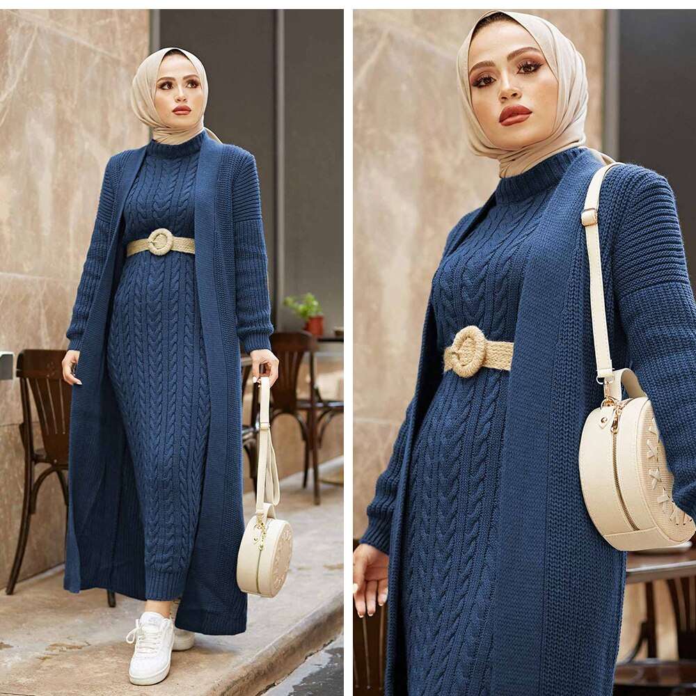 Women Dress New Season Winter 2 Piece Hijab Knitwear Suit Islamic Muslim Clothing Long Cardigan Model Made in Turkey Women Dress New Season Winter 2 Piece Hijab Knitwear Suit Islamic Muslim Clothing Long Cardigan Model Made in Turkey