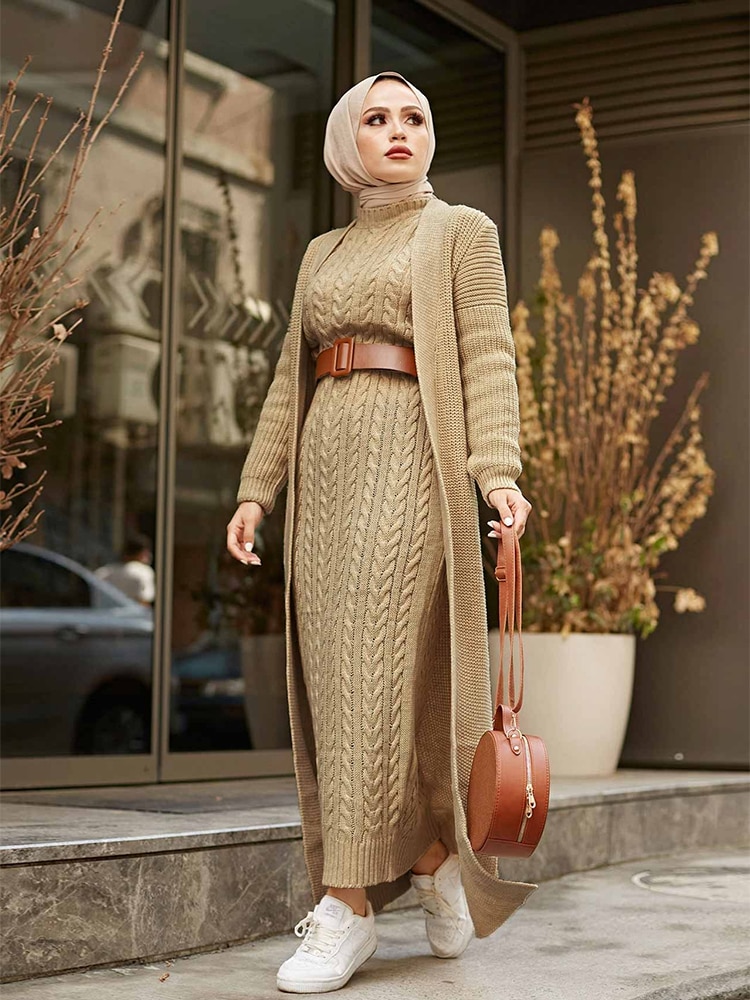 Women Dress New Season Winter 2 Piece Hijab Knitwear Suit Islamic Muslim Clothing Long Cardigan Model Made in Turkey Women Dress New Season Winter 2 Piece Hijab Knitwear Suit Islamic Muslim Clothing Long Cardigan Model Made in Turkey