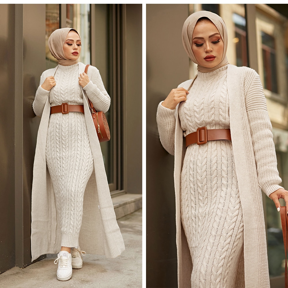 Women Dress New Season Winter 2 Piece Hijab Knitwear Suit Islamic Muslim Clothing Long Cardigan Model Made in Turkey Women Dress New Season Winter 2 Piece Hijab Knitwear Suit Islamic Muslim Clothing Long Cardigan Model Made in Turkey