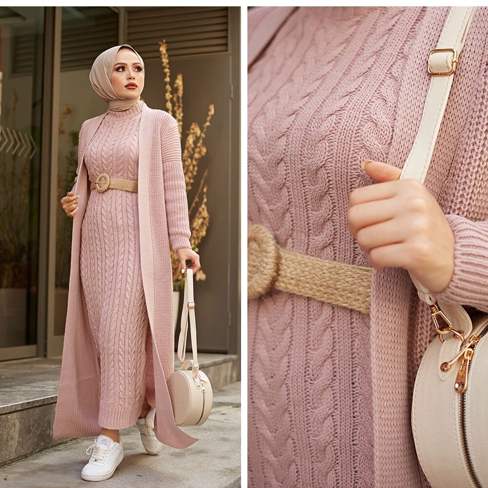 Women Dress New Season Winter 2 Piece Hijab Knitwear Suit Islamic Muslim Clothing Long Cardigan Model Made in Turkey Women Dress New Season Winter 2 Piece Hijab Knitwear Suit Islamic Muslim Clothing Long Cardigan Model Made in Turkey