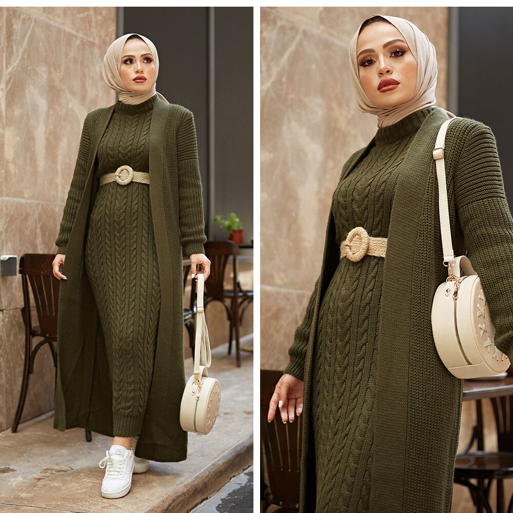 Women Dress New Season Winter 2 Piece Hijab Knitwear Suit Islamic Muslim Clothing Long Cardigan Model Made in Turkey Women Dress New Season Winter 2 Piece Hijab Knitwear Suit Islamic Muslim Clothing Long Cardigan Model Made in Turkey