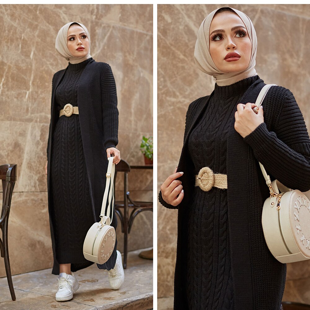 Women Dress New Season Winter 2 Piece Hijab Knitwear Suit Islamic Muslim Clothing Long Cardigan Model Made in Turkey Women Dress New Season Winter 2 Piece Hijab Knitwear Suit Islamic Muslim Clothing Long Cardigan Model Made in Turkey