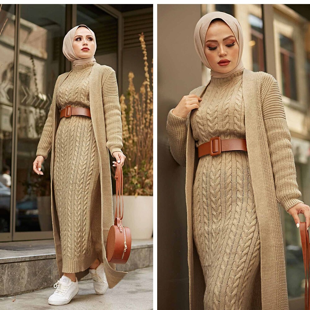 Women Dress New Season Winter 2 Piece Hijab Knitwear Suit Islamic Muslim Clothing Long Cardigan Model Made in Turkey Women Dress New Season Winter 2 Piece Hijab Knitwear Suit Islamic Muslim Clothing Long Cardigan Model Made in Turkey